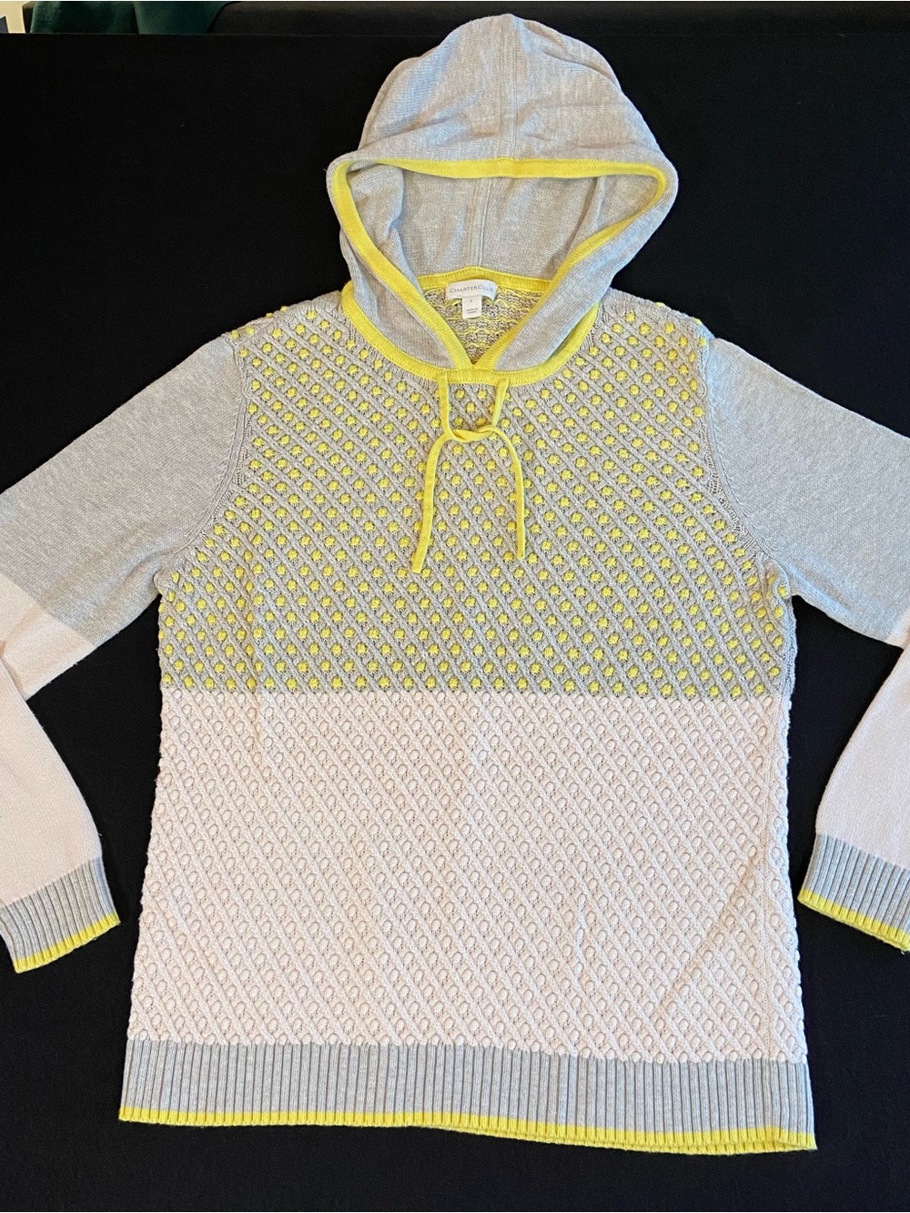 Charter Club Gray and Yellow Hooded Textured Knit Pullover